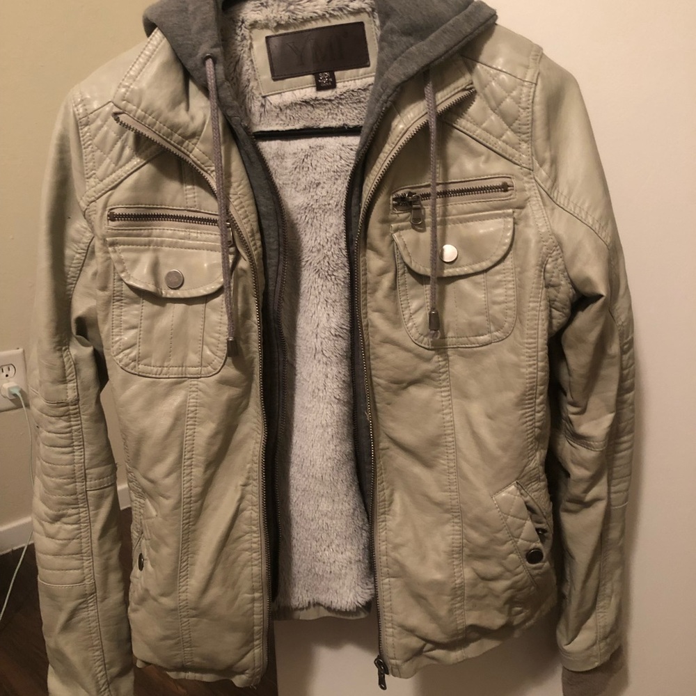 Faux leather jacket with faux fur lining and hood